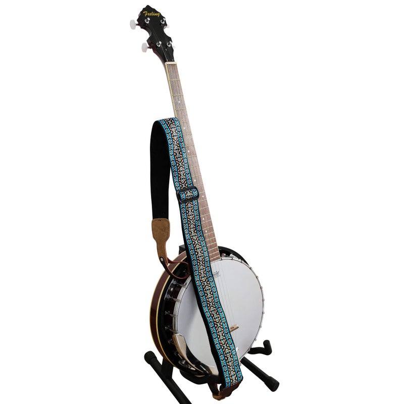 MUSIC FIRST Original Design, 2 inch width (5cm), Colorful Meshbelt & Genuine Leather Delux Banjo Strap, With 2 pieces of MUSIC FIRST Leather Strap Locker. (Blue Country Style) - Image 2